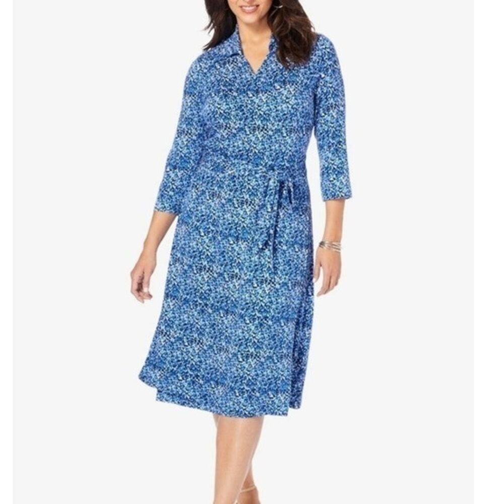 Catherines Blue Geometric Ikat Faux Wrap Dress Plus Size 0X 14W 16W 3/4 Sleeve